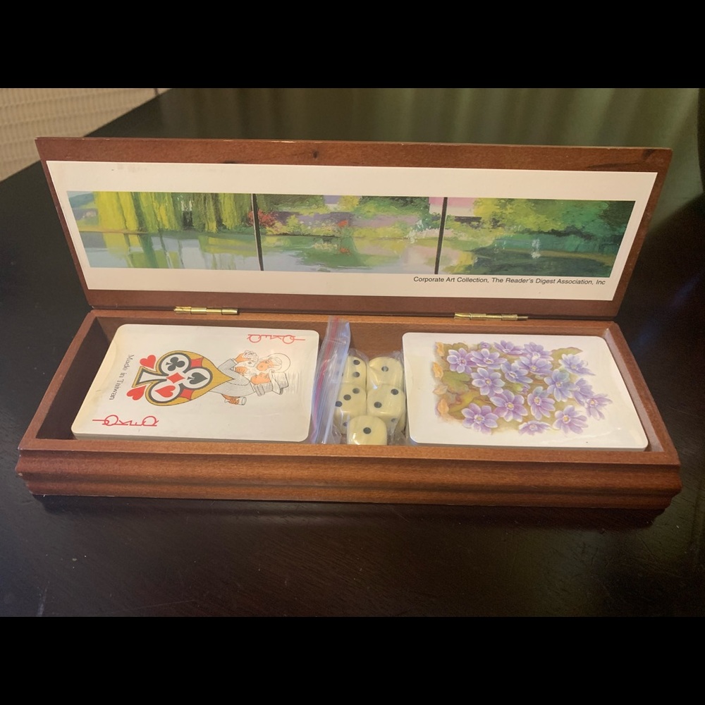 Vintage Readers Digest Wood Game Box Cards Decks & Dice